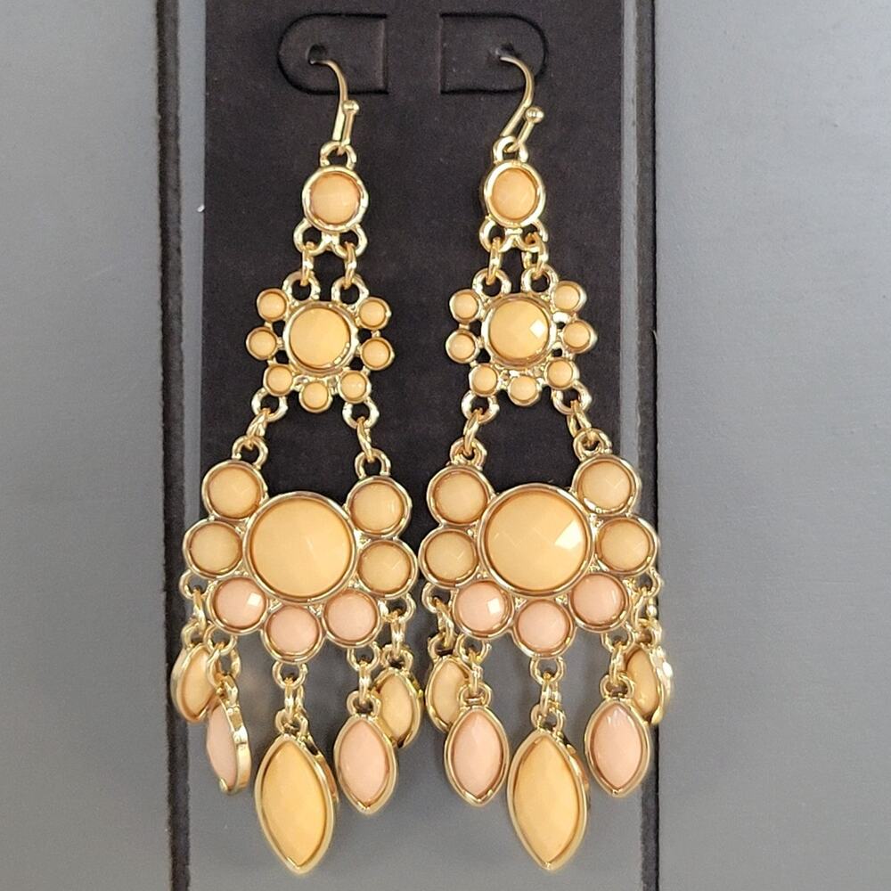 Gold Tone Dangle Earrings Peach Chandelier Drop Statement Pierced, Free Gift Bag